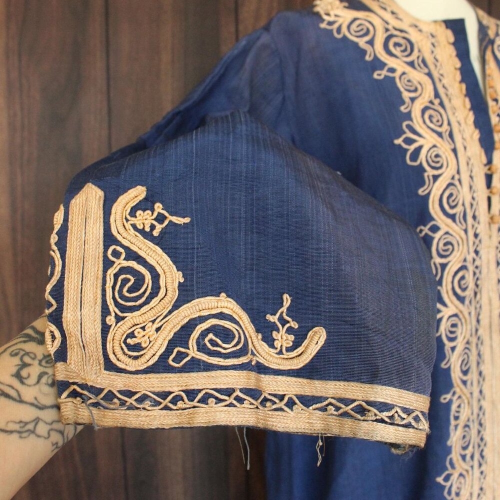 Vintage Moroccan Caftan, Blue and Gold Tunic or Dress,Traditional Middle Eastern - Picture 4 of 10